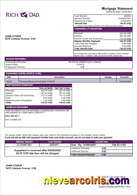 USA Rich Dad bank mortgage statement